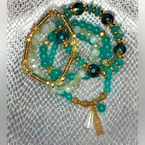 FRIENDSHIP BRACELETS 5 Strands Tan Crystal and Aqua Stone Stretchy TAYLOR SWIFT